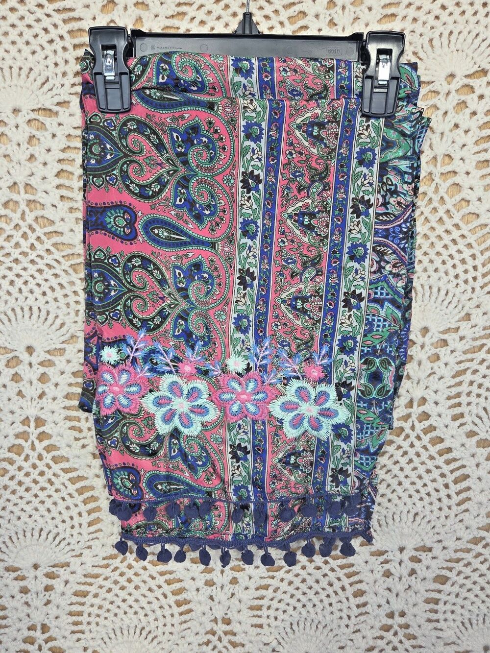 Creme Boheme Silk Blend Scarf 19.5 X 76" EMBROIDERY FRINGE PAISLEY MADE IN INDIA